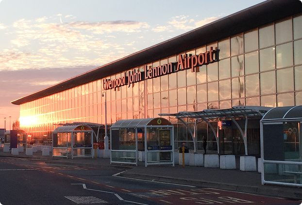 Liverpool John Lennon Airport LPL single terminal building — coach drop-off area